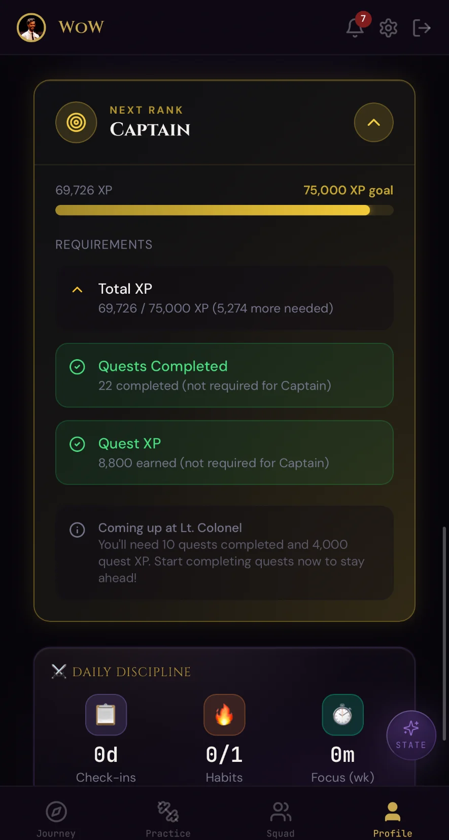 WoW App rank progression toward the next rank, Captain