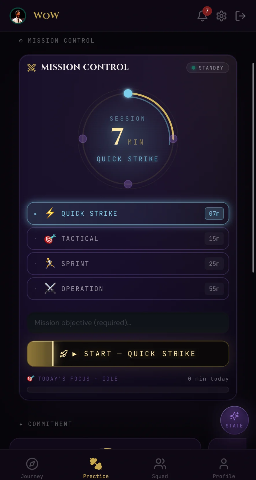 WoW App Mission Control focus and self-mastery practice space