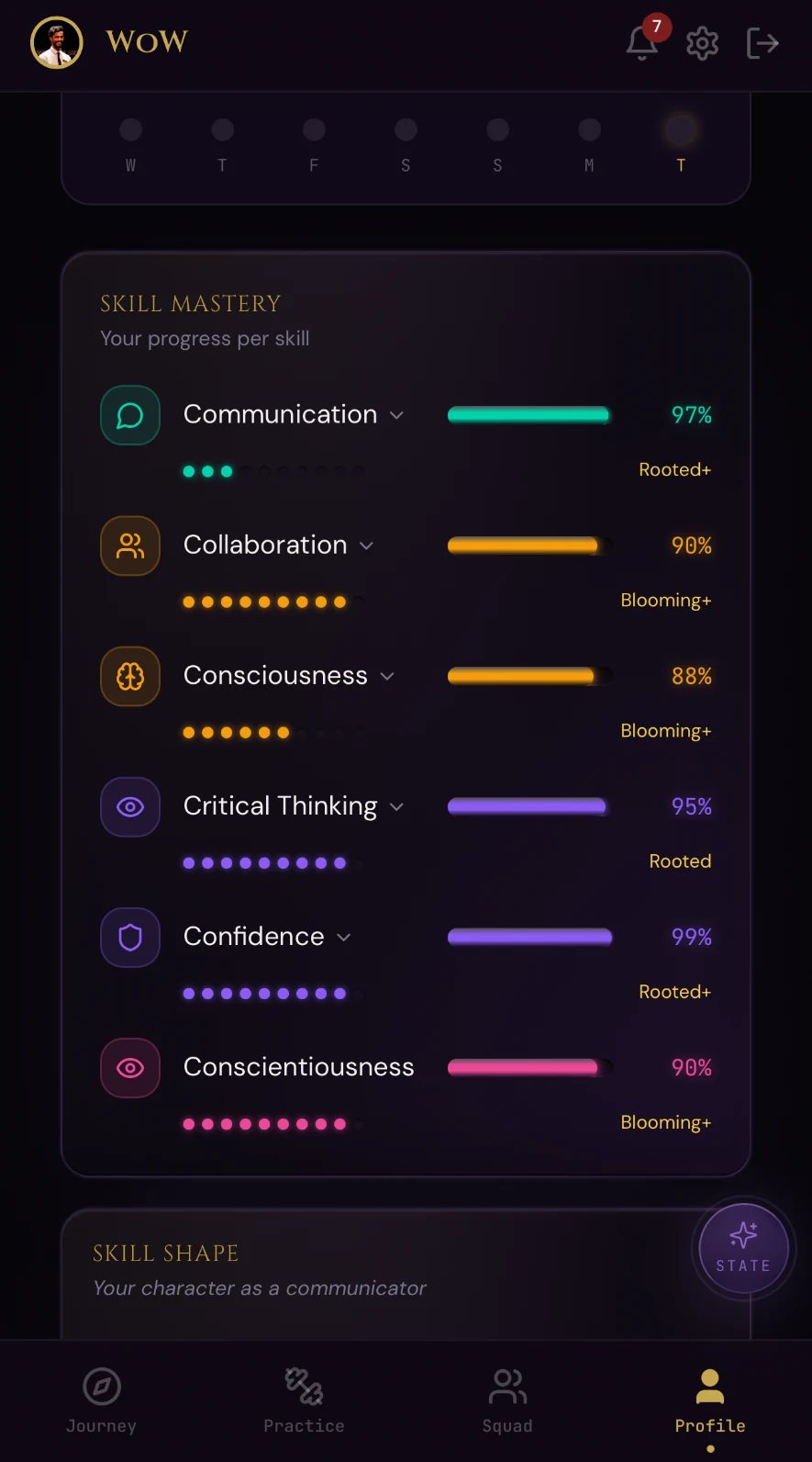 WoW App skill mastery screen showing a child's progress across the human skills